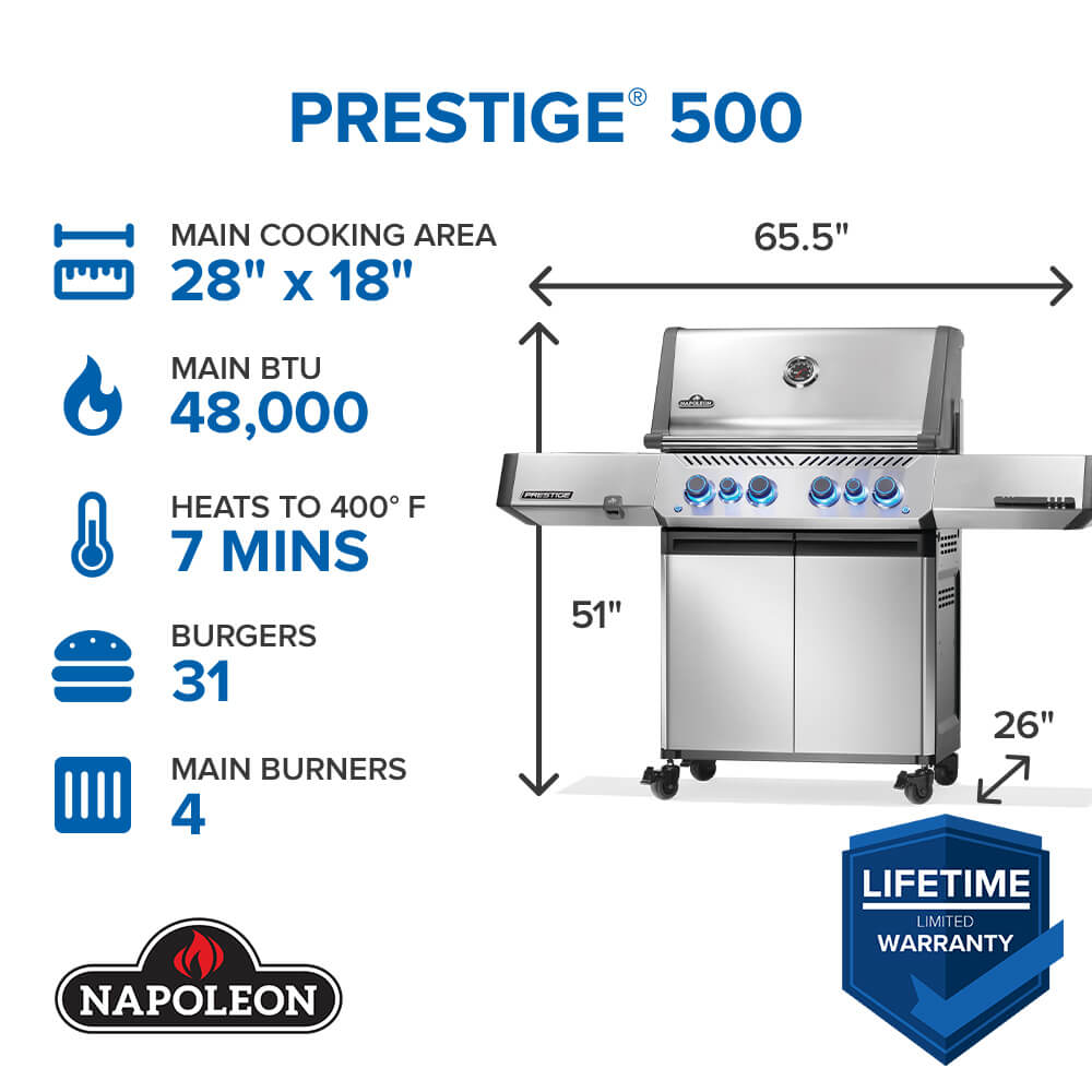 Napoleon Prestige 500 4-Burner Gas Grill with Infrared Rear Burner, Infrared Side Burner & Rotisserie Kit