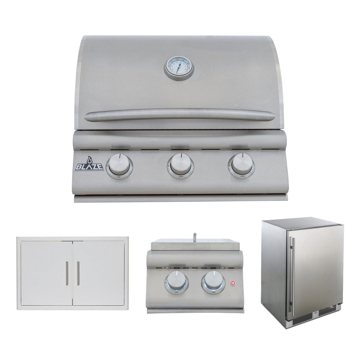 Blaze BCM 4-Piece 25" Outdoor Kitchen Package with Double Side Burner & Refrigerator – includes Blaze BCM 25" built-in gas grill, Blaze double side burner, Blaze 25" double access door and Blaze 24" outdoor compact refrigerator