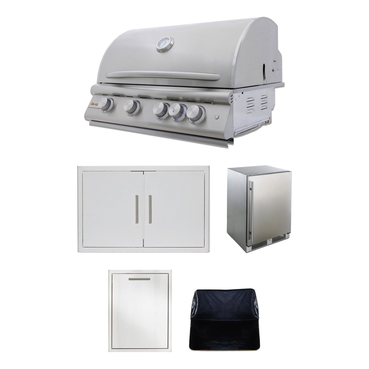 Blaze LTE+ 5-Piece Outdoor Kitchen Package with Refrigerator, Double Trash/Recycling Bin & Marine Grade 32" Grill – includes Blaze Premium LTE+ Marine Grade 32" built-in gas grill, Blaze 32" double access door, Blaze outdoor refrigerator, Blaze double trash/recycling drawer and grill cover